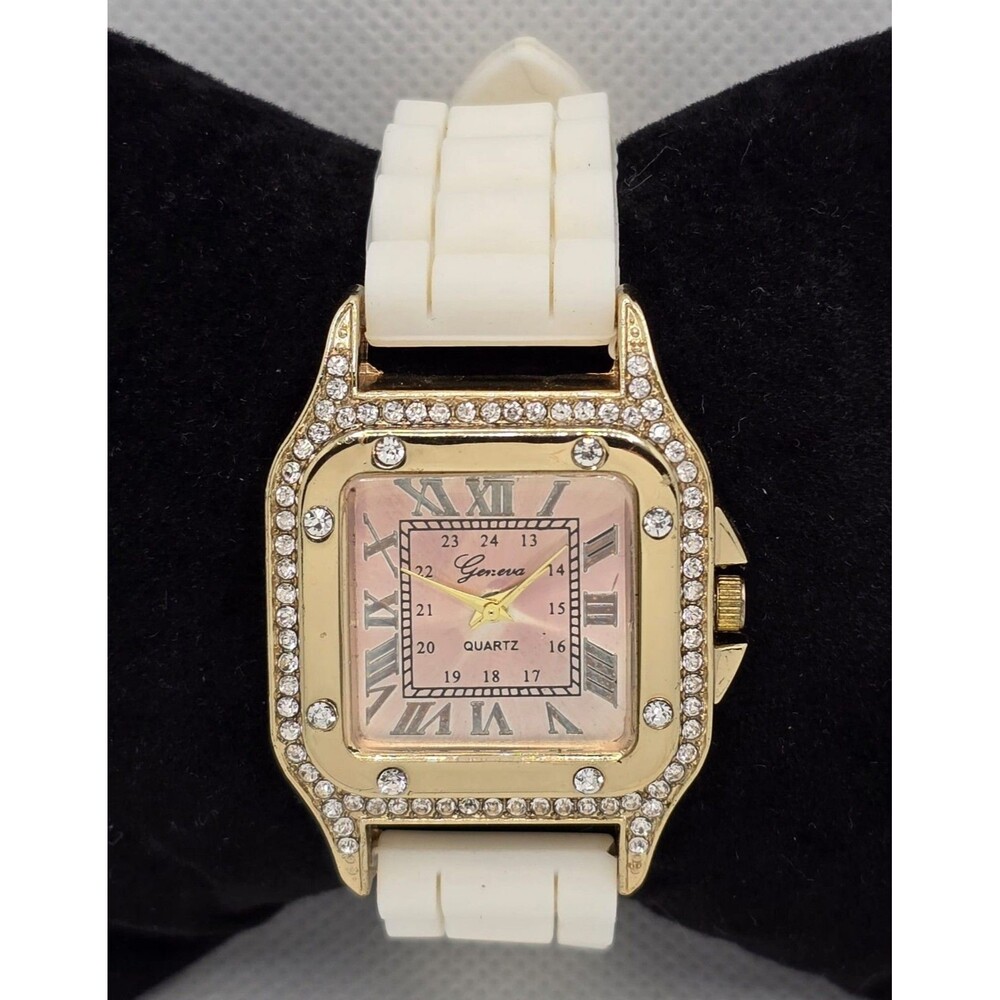 Women's Geneva Square Gold Tone Rhinestone White Poly Jelly Bean Strap Watch 04